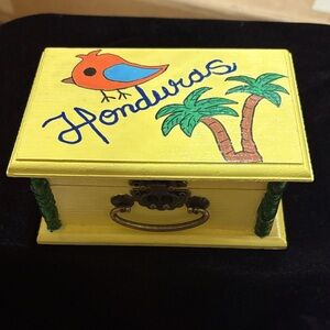 Yellow Trinket wooden Box with painted palm trees Honduran Souvenir with handle